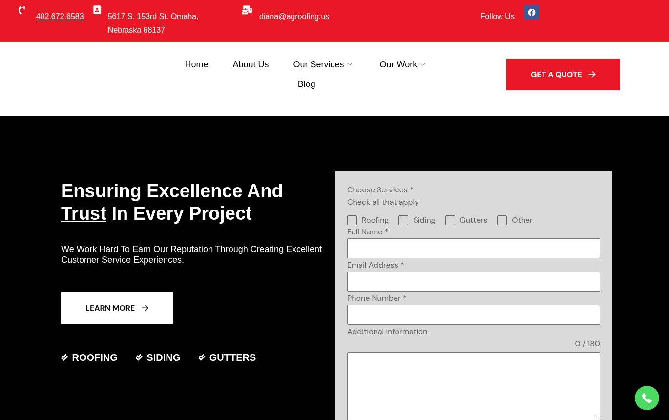 Screenshot of the A&G Roofing website