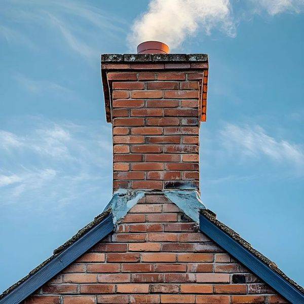 Brick chimney top with a metal cap and flashing on a pitched roof.