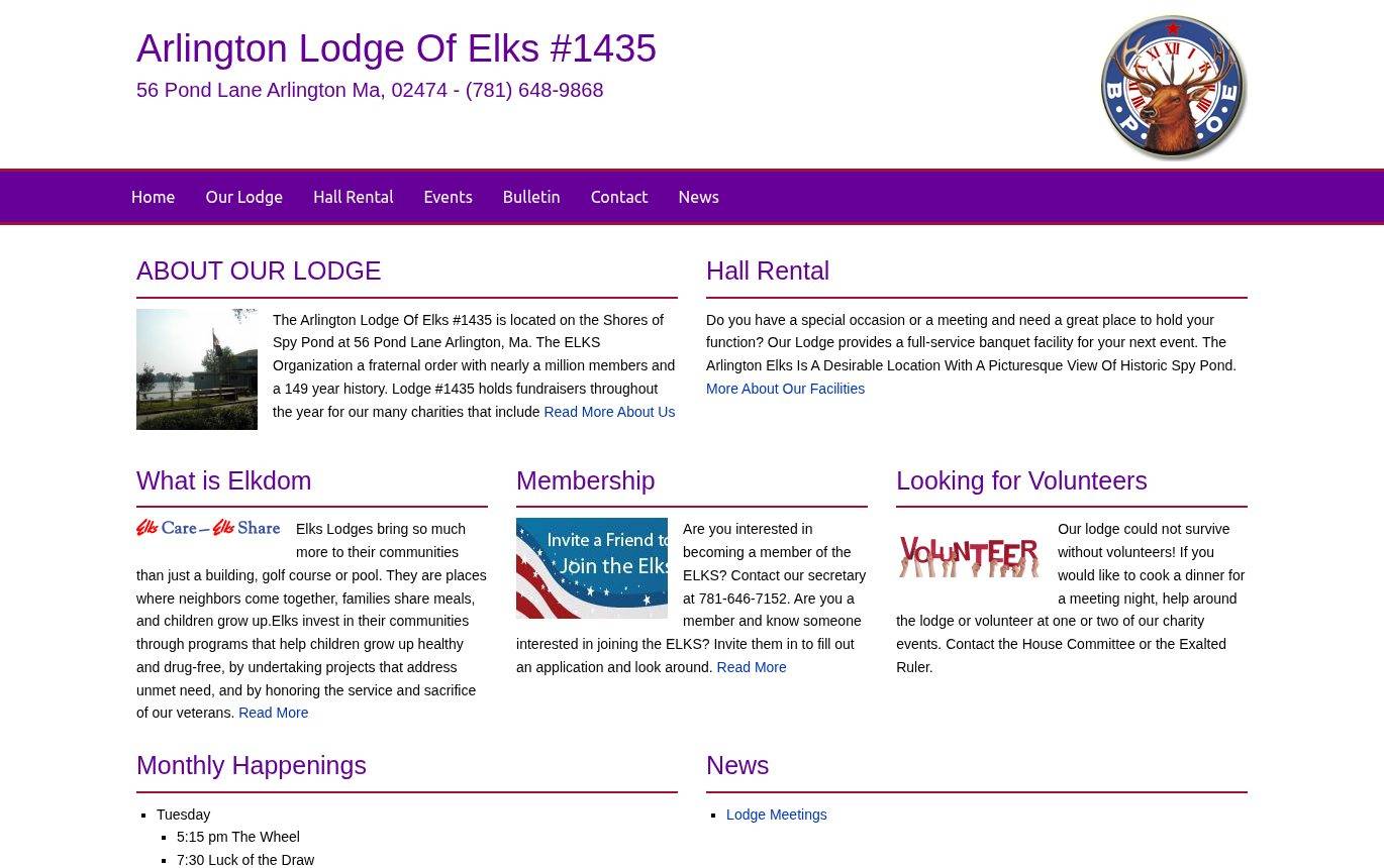 Screenshot of the Arlington Lodge of Elks #1435 website