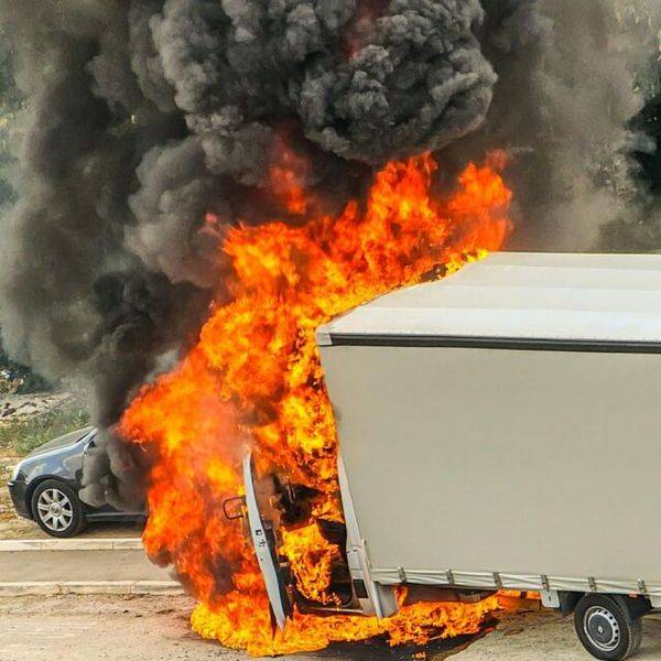 Semi truck on fire beside a car after a roadside crash