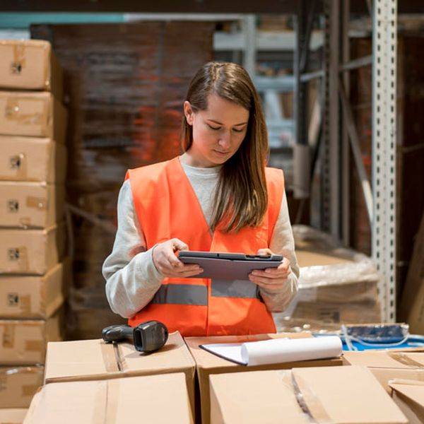 Woman in orange vest holding a tablet beside stacked cardboard boxes