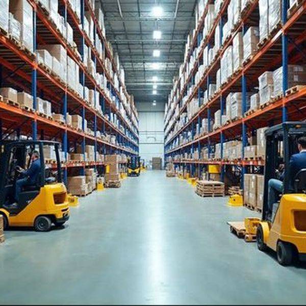 Aisle of tall pallet racks with yellow forklifts inside a large warehouse.