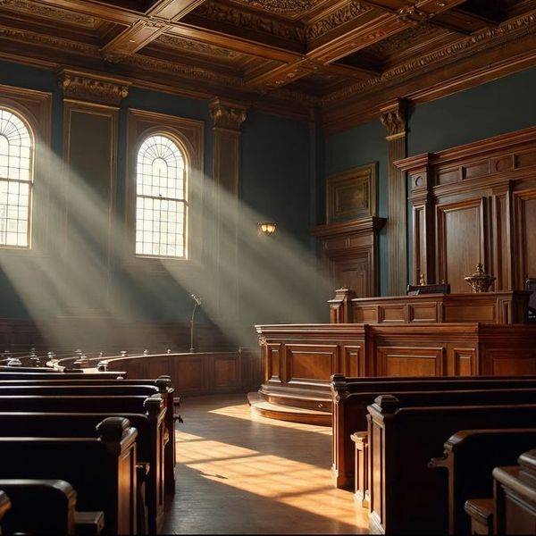A wood-paneled courtroom with sunlight through tall windows and rows of empty benches.