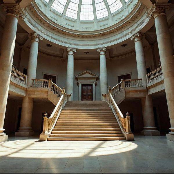 The marble rotunda of a government building with a grand staircase and skylight.