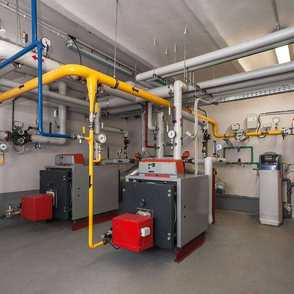 A commercial boiler room with yellow gas pipes, red expansion tanks and metal boilers.