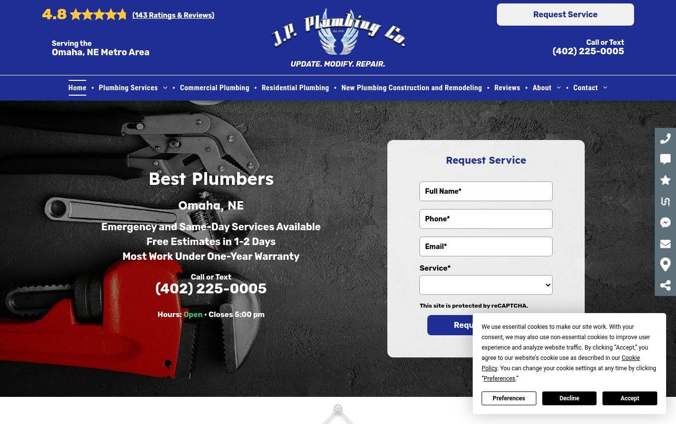 Screenshot of the JP Plumbing Co website