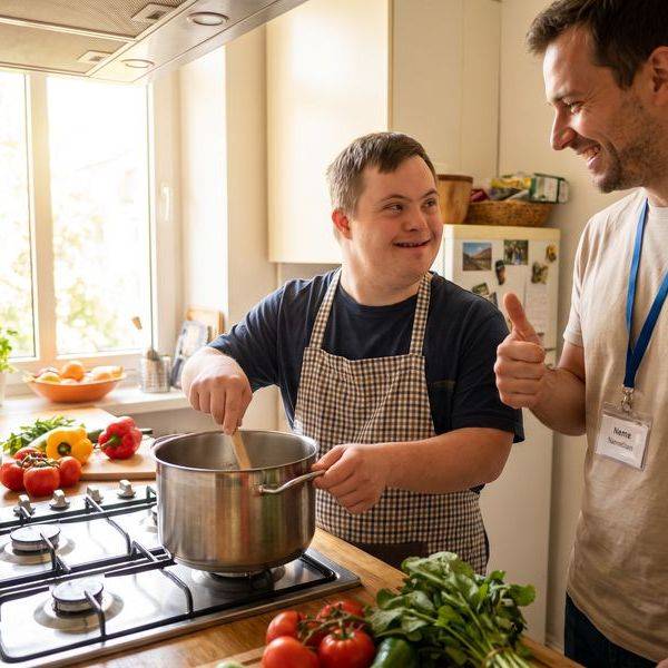 A man and a caregiver cooking together at a kitchen stove, smiling as they work.