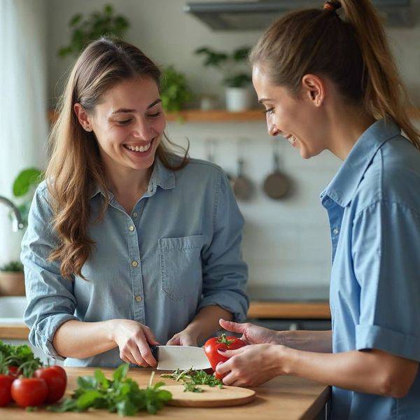 Two women chopping fresh vegetables together on a wooden board in a bright kitchen.