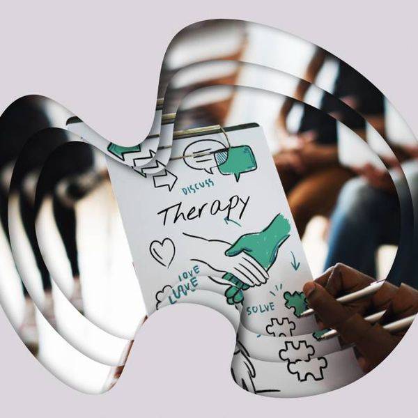 A puzzle-piece graphic with the word therapy and hand-drawn notes.