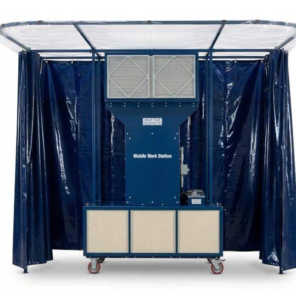 Mobile work station with a blue filtration hood and a dark blue curtain enclosure around the work area.