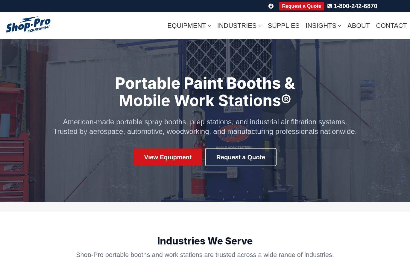 Screenshot of the Shop-Pro Equipment, Inc. website