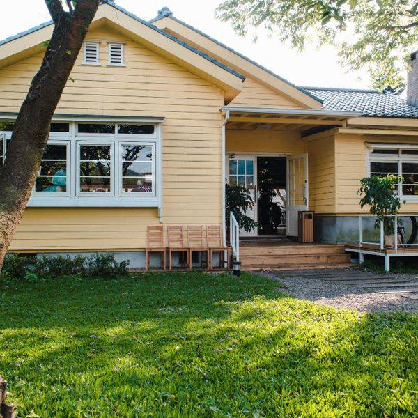 Yellow single-story house with a wooden deck and a large shade tree in the yard.
