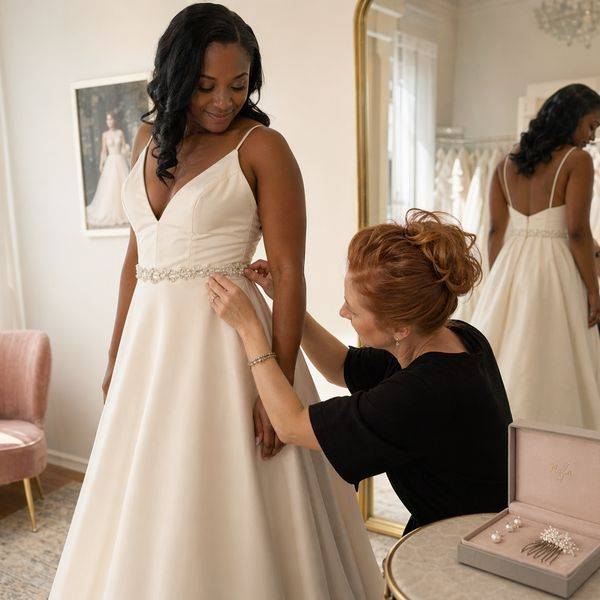 Staff member kneeling to adjust a bridal gown on a client standing before a mirror in a fitting room.