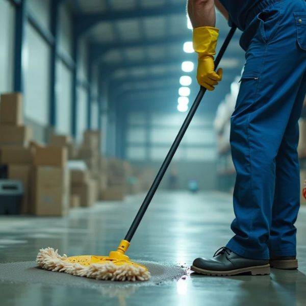 A worker in blue coveralls mopping a polished floor in a large warehouse.