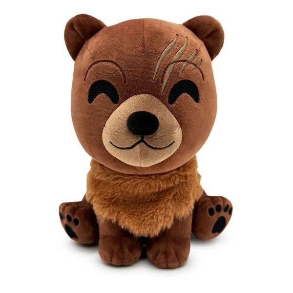 A smiling brown bear plush toy with closed eyes sits on a white background.