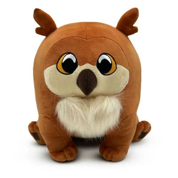 A round brown owl plush toy with big yellow eyes on a white background.