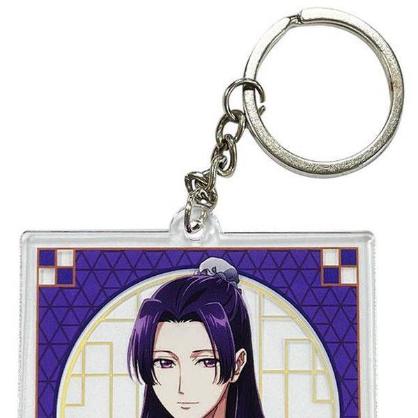 A round acrylic keychain showing a purple-haired anime character on a patterned background.