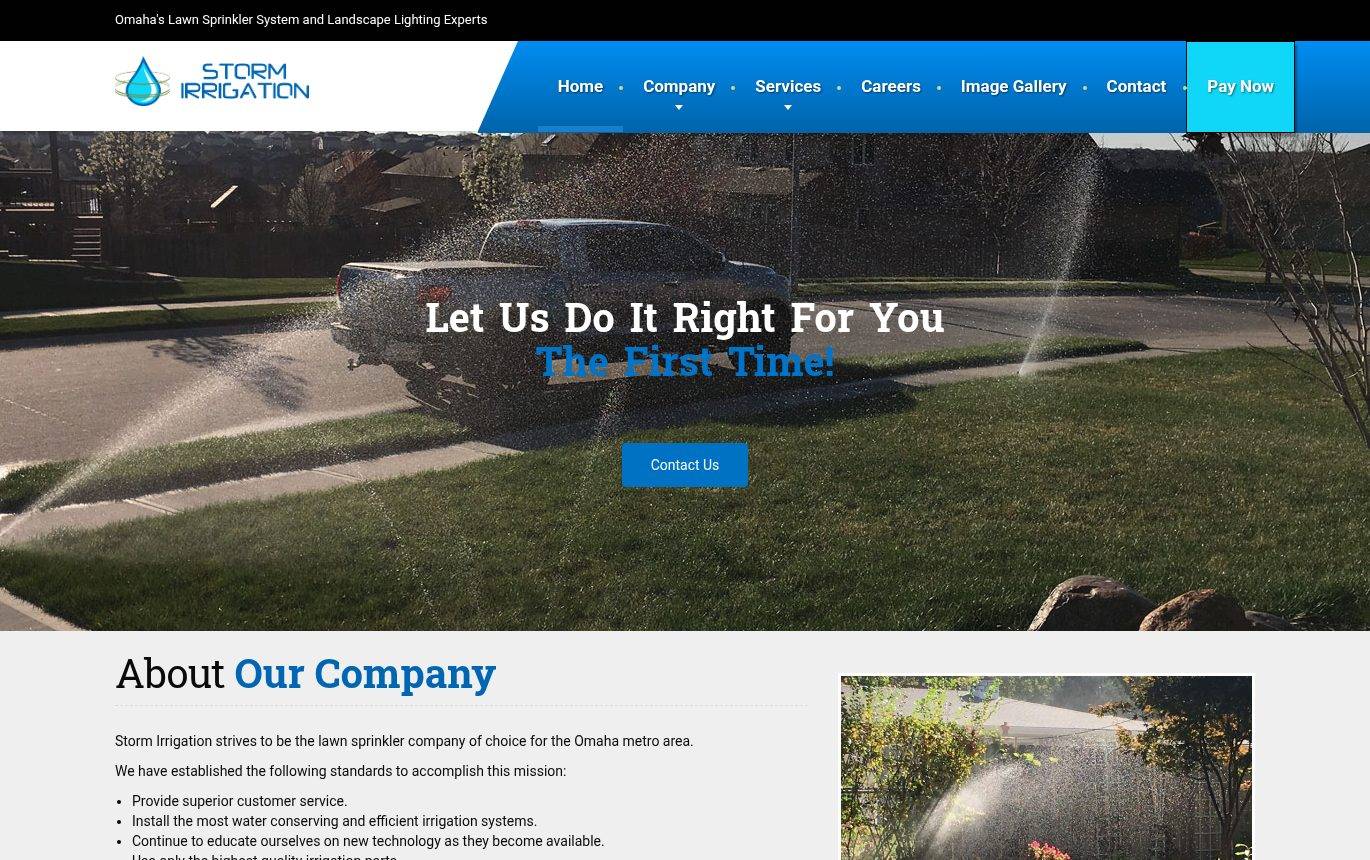 Screenshot of the Storm Irrigation website