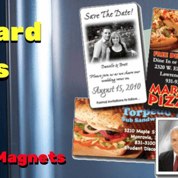 Printed magnet samples, including a save-the-date card and a pizza restaurant magnet.