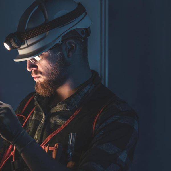 A bearded electrician in a hard hat and gloves works beside a dark wall.