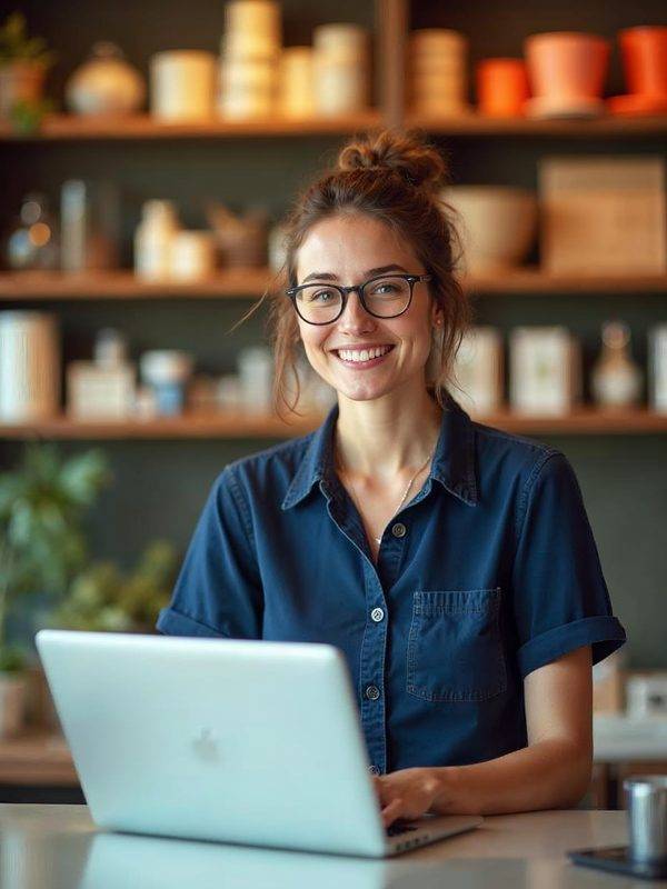 A small business owner checking her website on a laptop at a bright shop counter