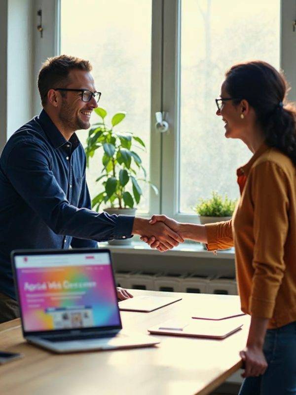 A web designer and a client shaking hands beside a laptop showing a colorful website