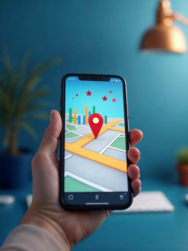A smartphone showing a map with a glowing red pin above a rising bar chart