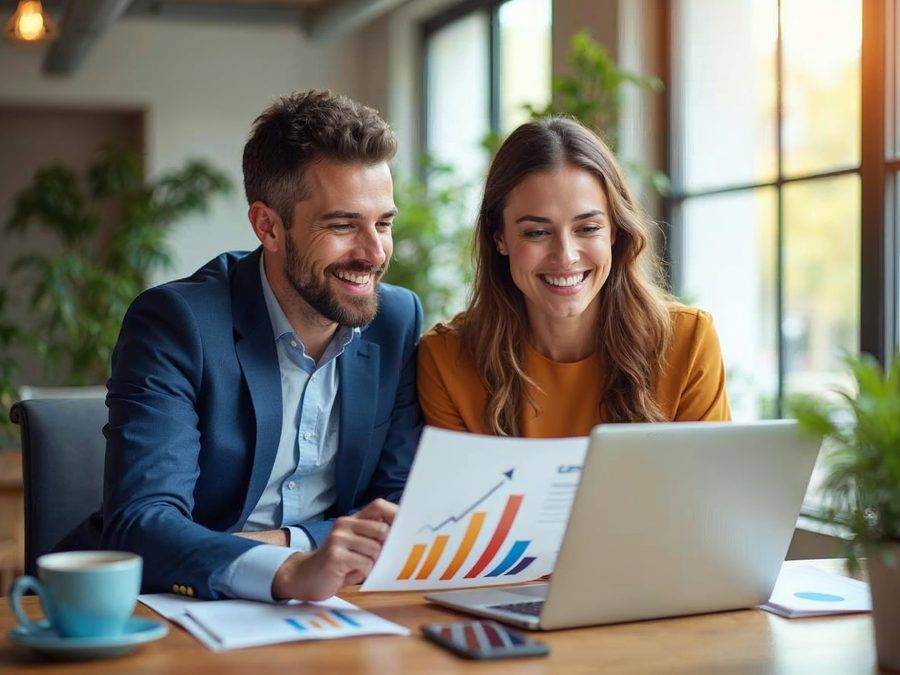 Two small business owners reviewing a growth chart and a new website on a laptop